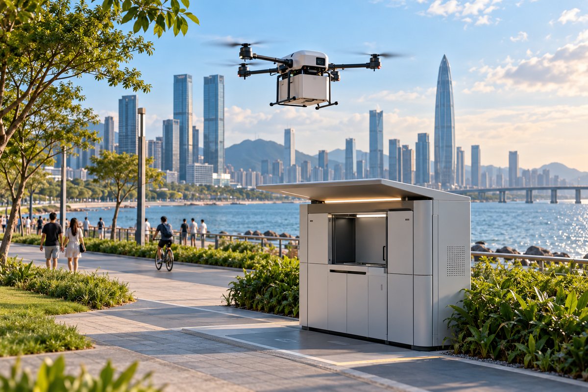 Illustrative visual of Drone delivery by Shenzhen Bay; not a photograph of the exact site or service